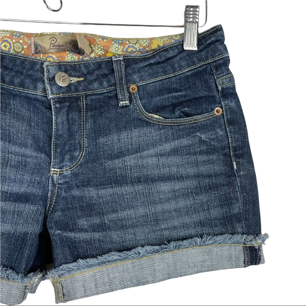 Paige Jimmy Jimmy Shorts Dark Wash Low Rise Raw Cuffed Hem Pre Faded & Feathered - Picture 4 of 11